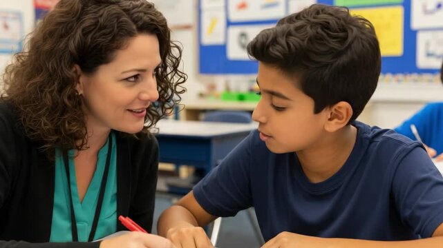 Smiling female teacher helping a young Indian boy with his schoolwork. One-on-one tutoring and support in a diverse elementary school classroom.