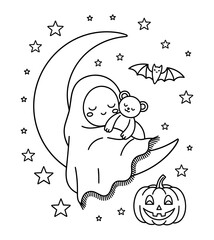 Obraz premium Cute Halloween ghost sleeping on moon, line art coloring page