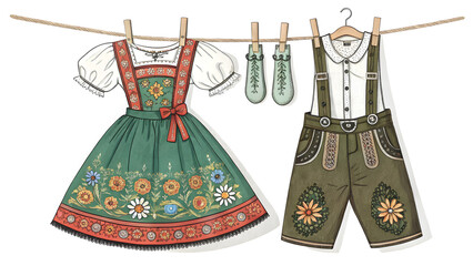 Authentic German Attire: A pair of traditional German attire, comprising a meticulously rendered dress and lederhosen, adorned with intricate patterns and vibrant colors, hanging on a clothesline.