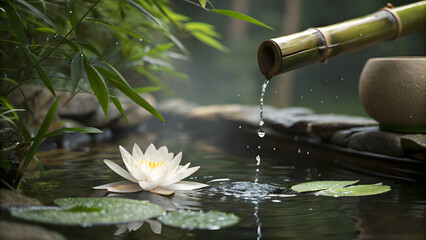 Zen Garden Water Feature: Serene water flows from a bamboo pipe into a tranquil pond, where a pristine white water lily blossoms peacefully, surrounded by lush green foliage.