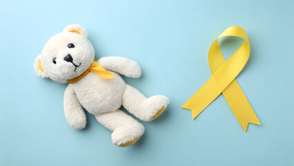 Hope and Support: An emotional, heart warming photograph features a soft teddy bear and a yellow ribbon on a pale blue background, symbolizing awareness and support. 