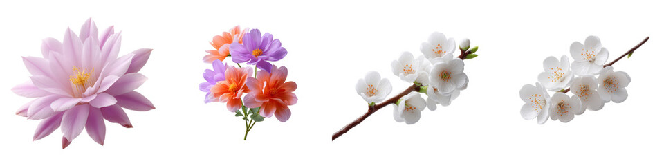 Assorted flower blooms in pink, orange, and white against transparent backdrop