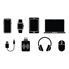 Collection of modern electronic device silhouettes isolated on white background silhouette