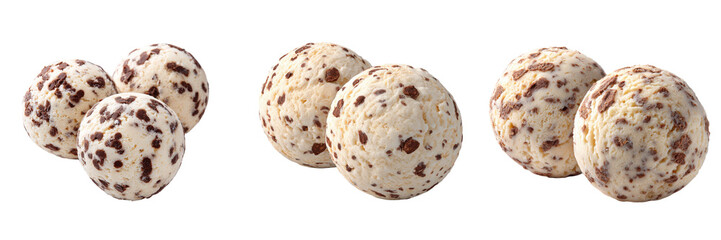 Three pairs of chocolate chip ice cream scoops isolated on a transparent background