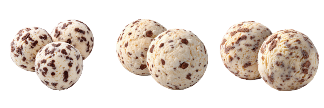 Three pairs of chocolate chip ice cream scoops isolated on a transparent background