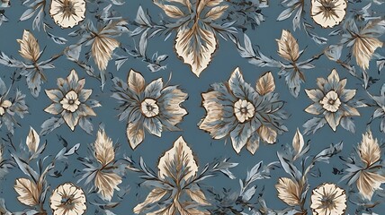 Elegant vintage floral pattern with muted blue and beige tones and intricate botanical details