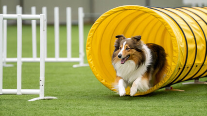 Hurdle outdoor activity. Dog agility obstacle tunnel outdoor training competition happy pet grass exercise. joyful dog runs through yellow tunnel