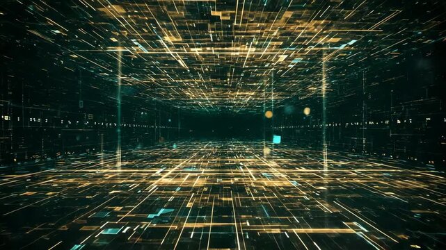 Abstract Golden Grid Structure Background in Perspective View with Illuminated Technology and Futuristic Data Visualization for Adobe Stock