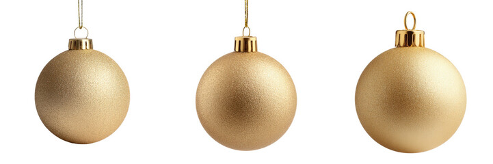 Three golden Christmas ornaments hang suspended against transparent backdrop.