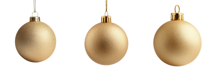 Three golden Christmas ornaments hang suspended against transparent backdrop.