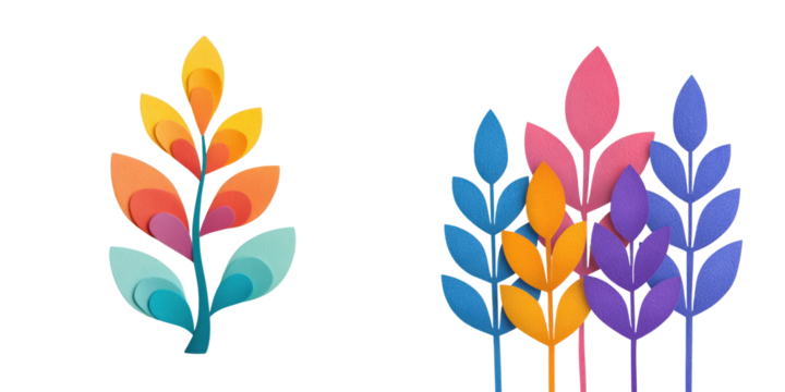 Arrangement of colorful paper-cut leaves on a transparent background, exhibiting hues from blue and pink to orange and yellow. - Powered by Adobe