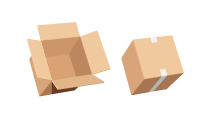 There are two types of parcel boxes. first type is box that is opened and empty inside. The second type is box that is sealed with tape, vector 3d isolated on white background for delivery design