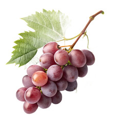 Fototapeta premium Red Grapes with Green Leaf on Vine, Fresh Fruit Cluster