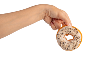 Vanilla White Chocolate Donuts Delicious Bakery Desserts and hand on transparent Background