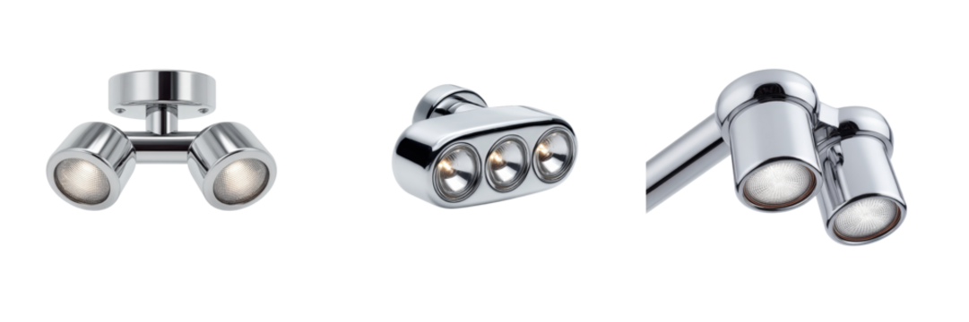 Three arrangements of modern chrome adjustable spotlight fixtures