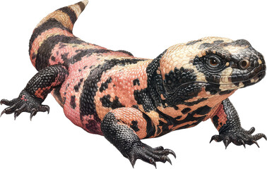 Detailed illustration of a gila monster with striking pink and black patterns isolated on transparent background
