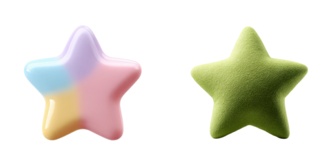 Two stars are displayed against a transparent background, one with glossy pastel colors and the other with a textured green surface.