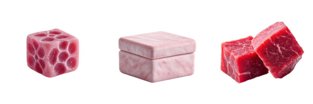 Three cubes showing stages of transformation from porous to velvet to raw meat isolated on transparent background