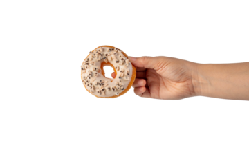 Vanilla White Chocolate Donuts Delicious Bakery Desserts and hand on transparent Background