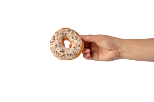 Vanilla White Chocolate Donuts Delicious Bakery Desserts and hand on transparent Background