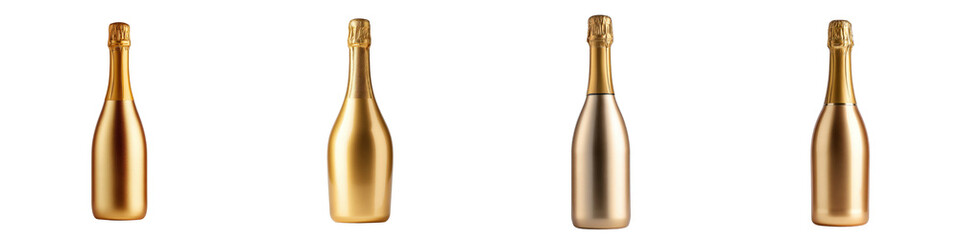 Four gold champagne bottles standing side by side on a transparent background.