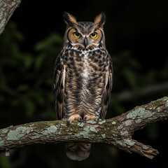 Fototapeta premium An owl perched on a tree branch at night, staring forward.