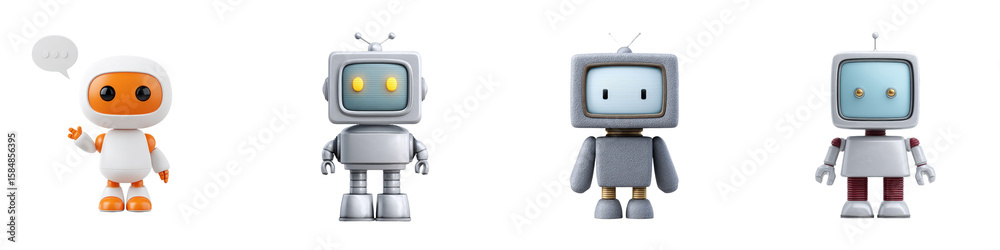Fototapete four retro robot characters with square television heads in varying colors and styles