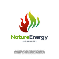 Nature Energy Logo design Concept vector template. Leaf with Fire flame droplet shape Logotype concept icon
