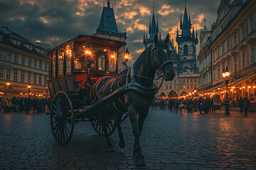 A horse drawn carriage moving through a cobblestone square in Prague lit by gas lamps under a twilight sky