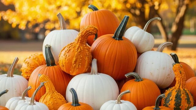 A vibrant pile of assorted pumpkins and gourds on a grassy lawn. Autumn harvest display with colorful fall foliage in the background.