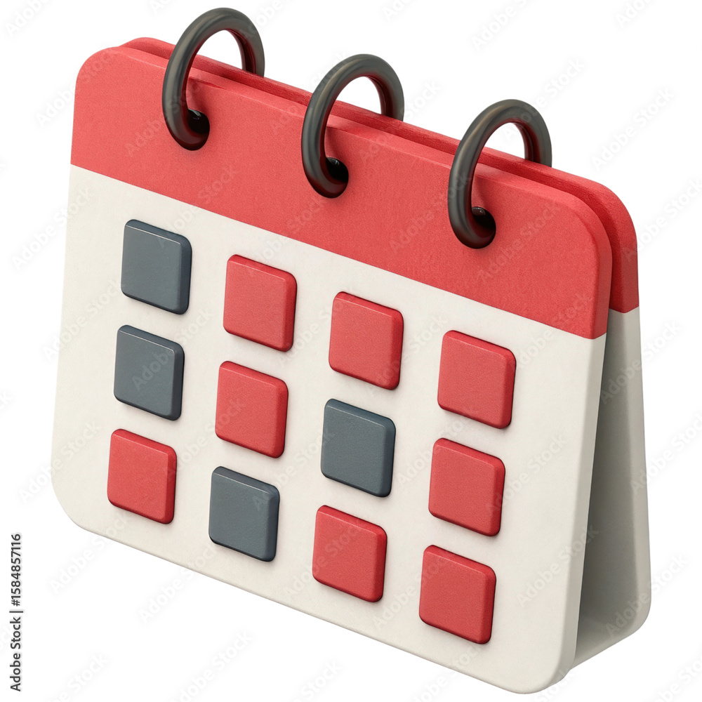 Fototapete 3D Render of a Calendar Icon with Red and Gray Pages on a Transparent Background for Easy Integration