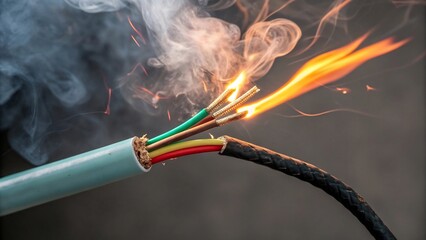 A dangerous electrical fire is burning an exposed cable, creating smoke and posing a risk of house fire