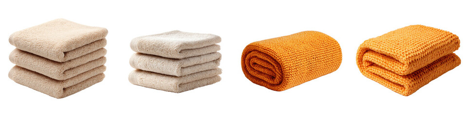 Stacked terrycloth towels and rolled knitted blankets isolated on transparent background