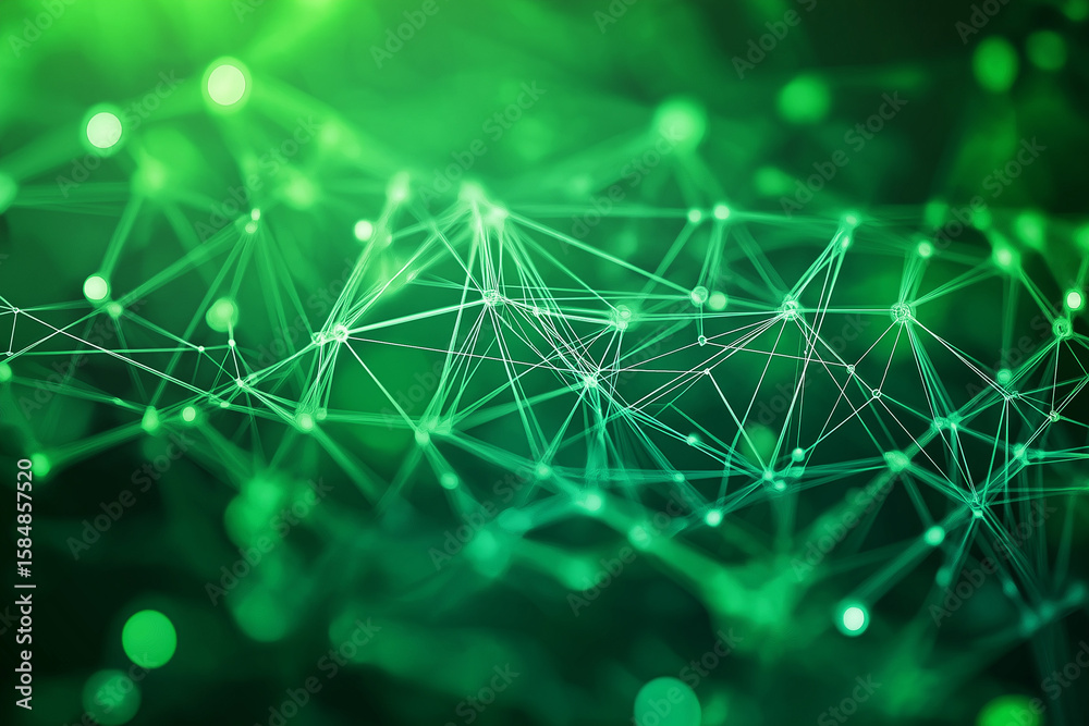 Fototapete An abstract image showing the flow of digital assets in a green economy, with interconnected networks and data streams. Abstract green background with a digital mesh