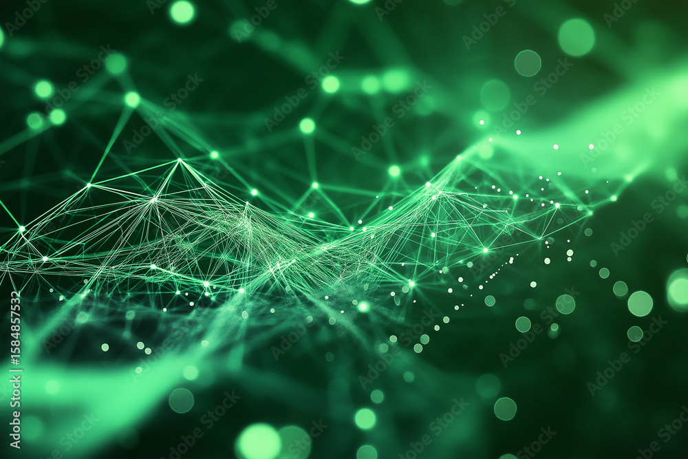 Poster an abstract image showing the flow of digital assets in a green economy, with interconnected network