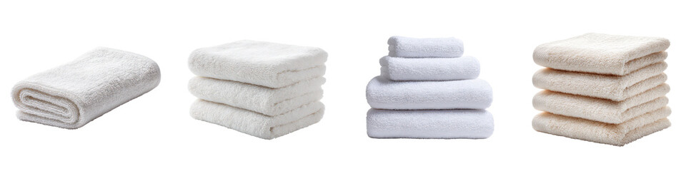 Stacks of folded white and beige bath towels isolated on transparent background