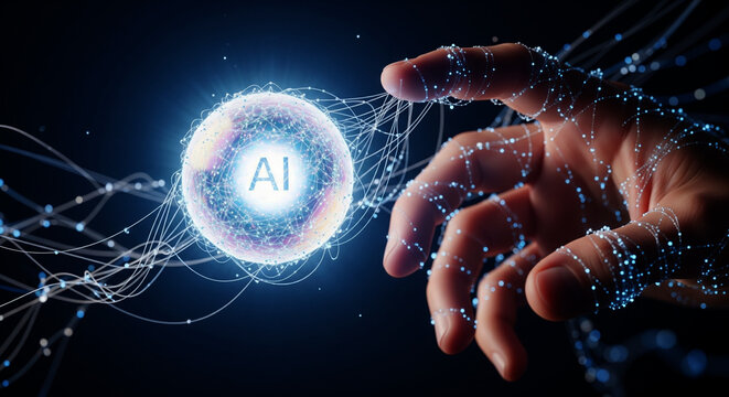 Artificial intelligence presented as futuristic hologram touched by human hand. Artificial intelligence represents complex data networks and neural connections, showing human computer interaction. - Powered by Adobe
