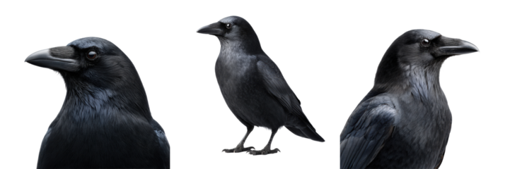 Three ravens perched and posing against transparent background