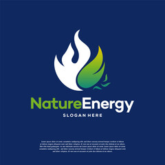 Obraz premium Nature Energy Logo design Concept vector template. Leaf with Fire flame droplet shape Logotype concept icon