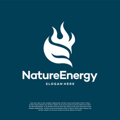 Nature Energy Logo design Concept vector template. Leaf with Fire flame droplet shape Logotype concept icon