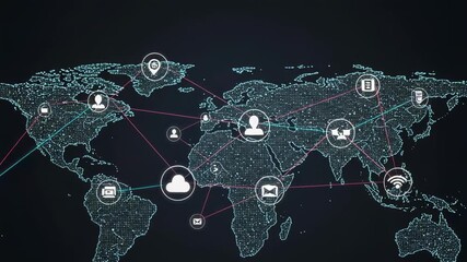 Global network connection and communication concept. World map with digital icons representing technology, data exchange, and the internet. - Powered by Adobe