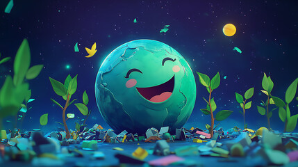 Fototapeta premium recycling and nature themes: photos of trees sprouting from waste, Earth held above trash, and green initiatives with ample blank spaces for environmental messages.