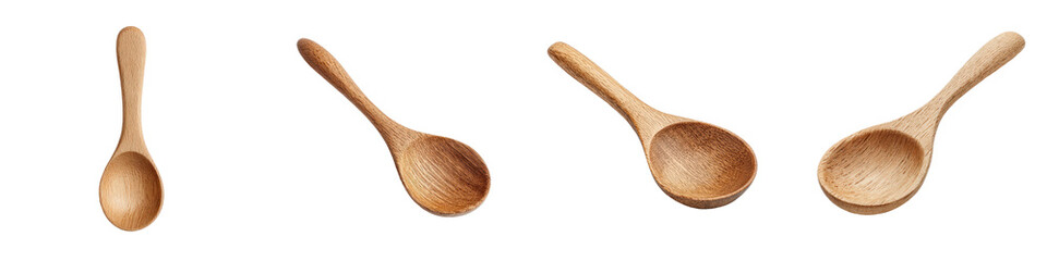 Four wooden spoons in a row, angled towards the viewer on a transparent background