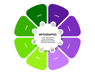 Flower infographic, multi-petal design, eight elements, growth stages, process diagram, solution steps, vibrant display
