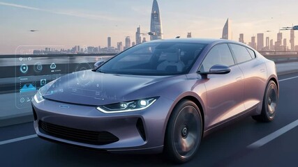 Futuristic autonomous car with a holographic heads-up display driving on a highway. A smart city with flying vehicles and modern architecture in the background. - Powered by Adobe