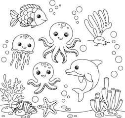 Fototapeta premium Happy Sea Creatures Coloring Page
