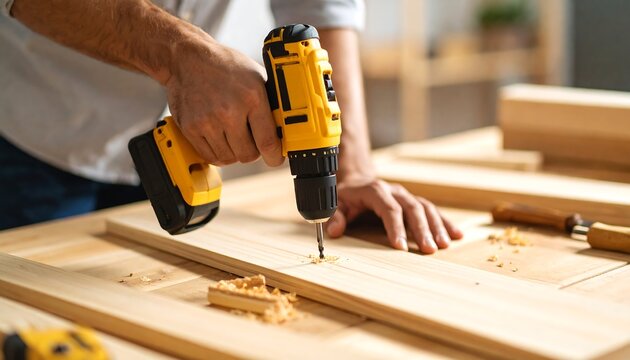 Carpenter uses power drill on wooden plank