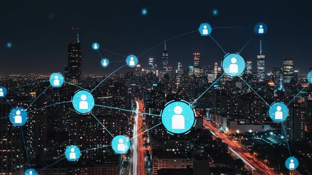 Social network connection over a modern cityscape at night. Concept of global communication, business technology, and data exchange.