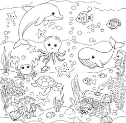 Fototapeta premium Happy Sea Creatures Coloring Page