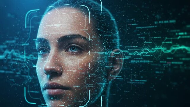 Futuristic facial recognition scan of a woman's face. Biometric authentication, digital identity, and artificial intelligence technology concept.